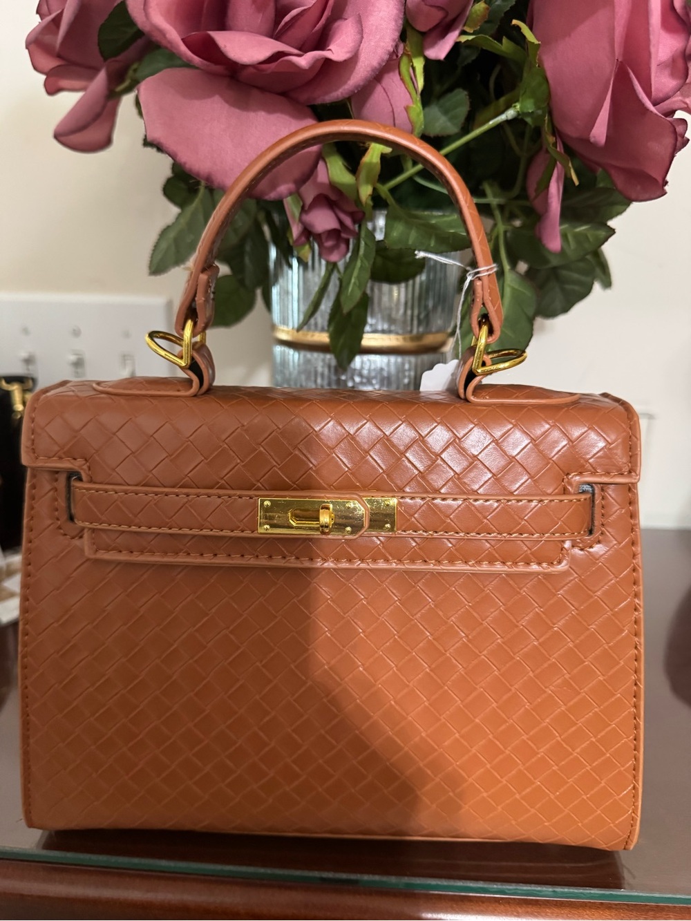 Structured Tan Top-Handle Women's Bag with Gold Hardware